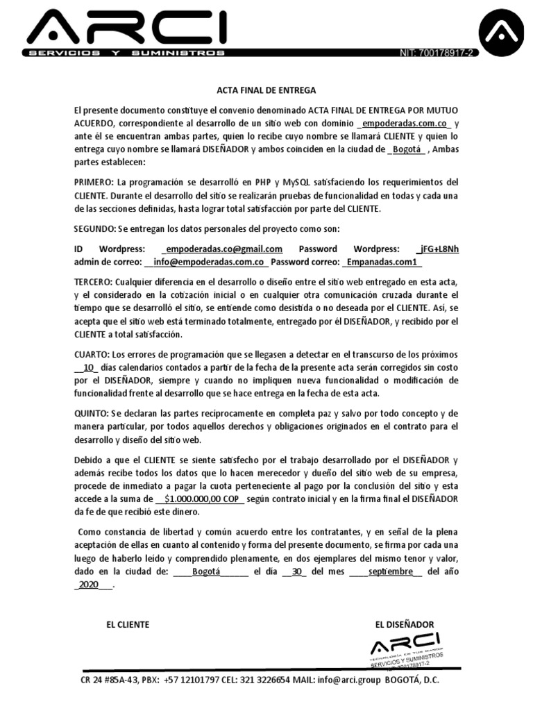 Acta entrega sitio web pdf sitios web word press
