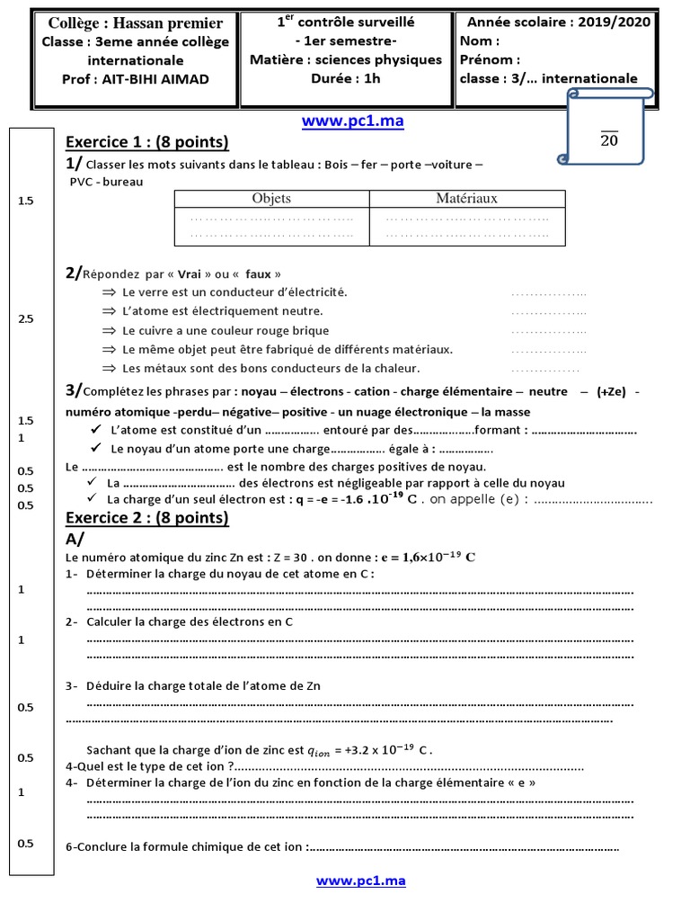 Contrôle 1 Physique 3e Semestre 1 | PDF | Atomes | Électron