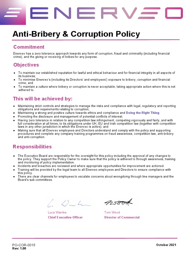 Anti-Bribery & Corruption Policy | PDF | Corruption | Bribery