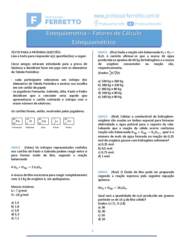 Calculo-Estequiometrico Exercicios | PDF | Estequiometria | Ácido sulfúrico