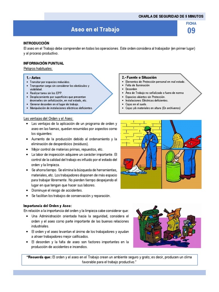 Charla de 5 Minutos: Orden y Aseo Laboral | PDF