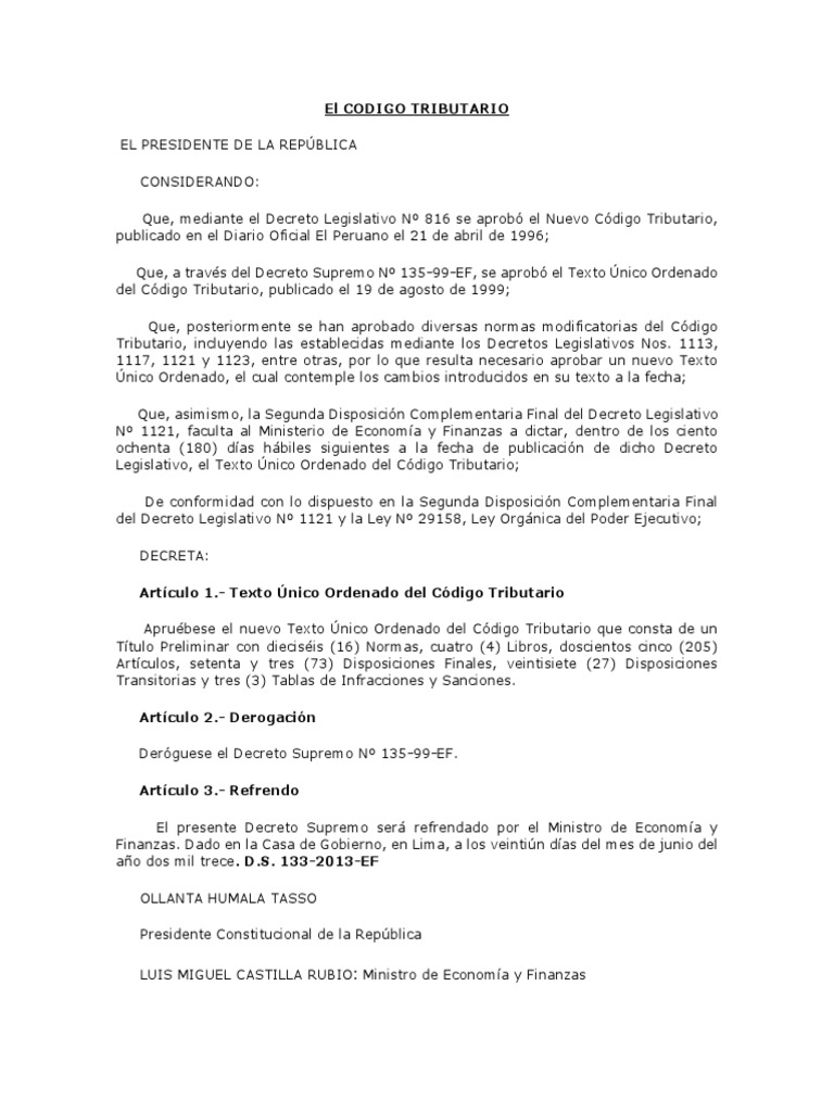 Nuevo Texto Único del Código Tributario | PDF | Fuentes del derecho ...