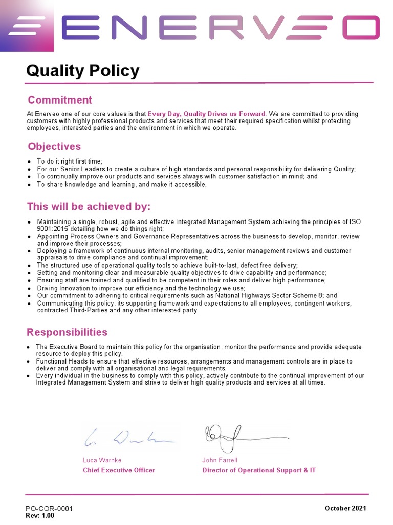 PO-COR-0001 Quality Policy 1.00 | PDF | Quality (Business) | Policy