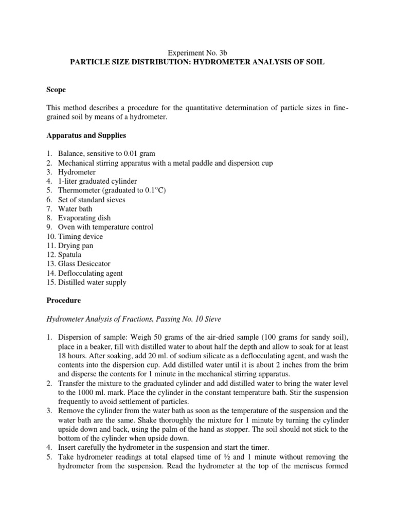 Experiment No. 3b Particle Size Hydrometer Analysis of Soil PDF