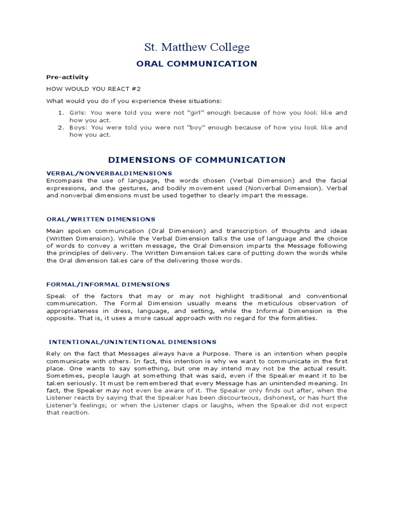 Dimensions of Communication Handout 3 PDF Nonverbal