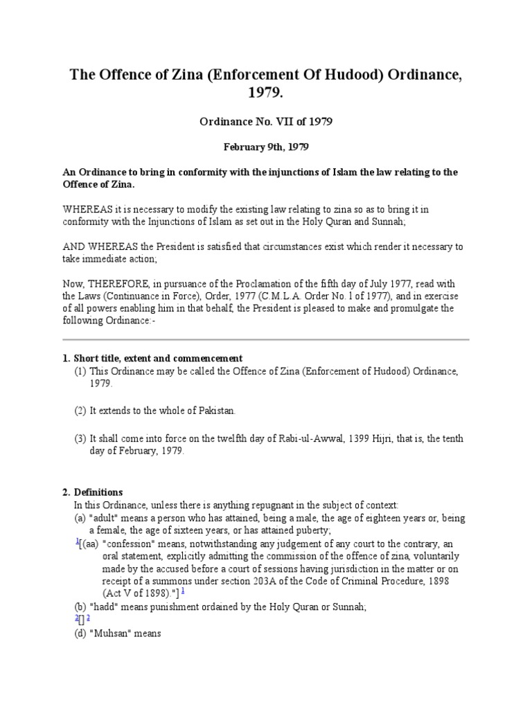 The Offence of Zina (Enforcement of Hudood) Ordinance, 1979 An