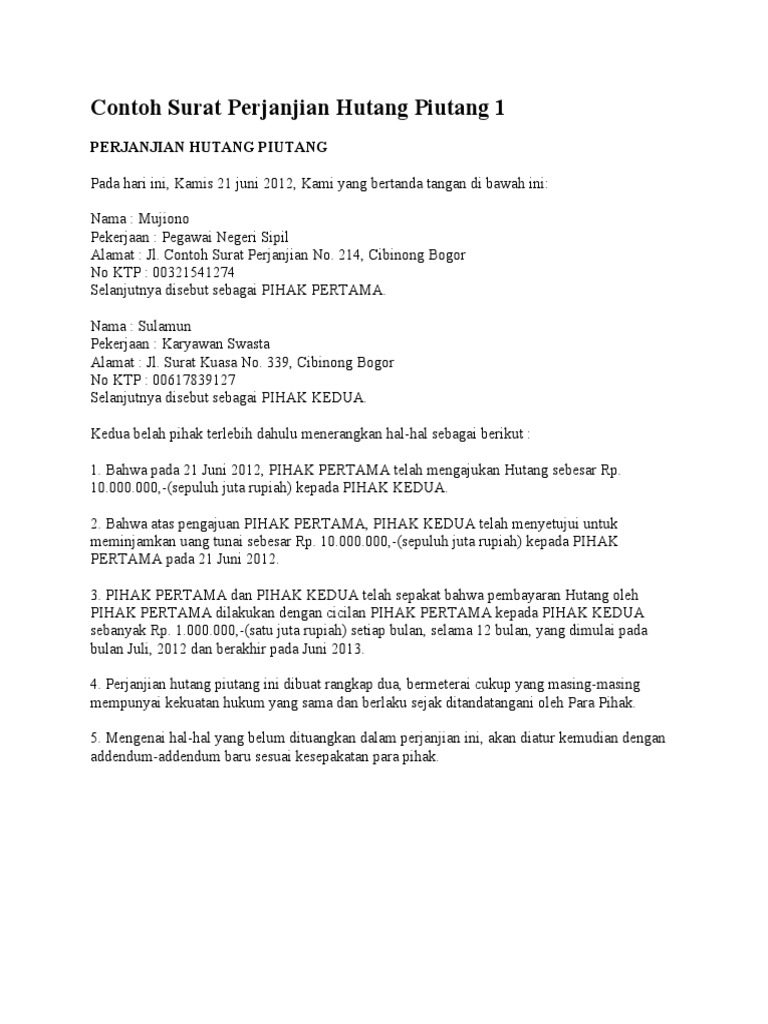 Contoh Surat Perjanjian Hutang Piutang 1 Pdf