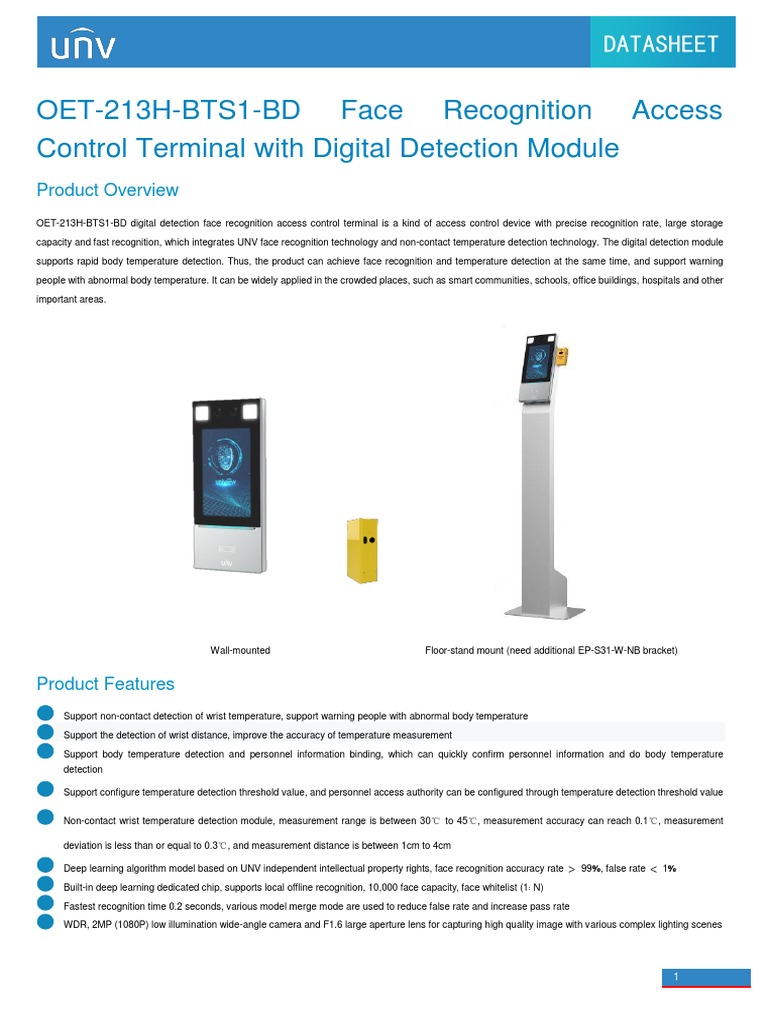 FICHA TECNICA UNV OET-213H-BTS1-BD Face Recognition Access Control ...
