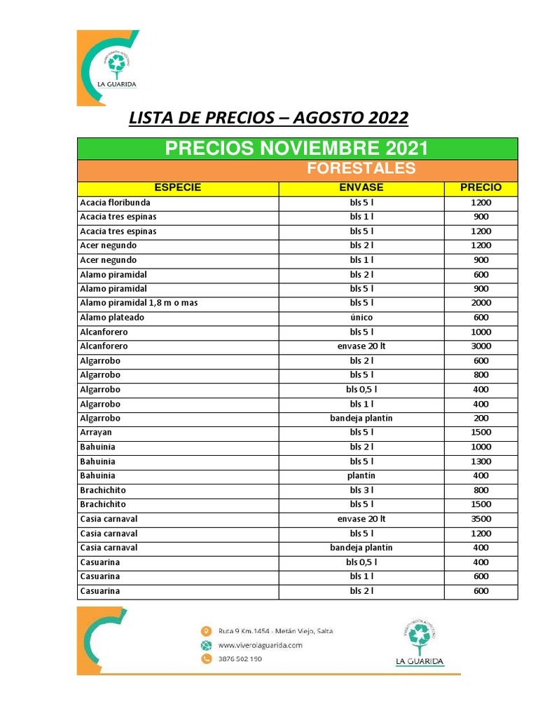 Lista de Precios Agosto 2022 PDF Arboles Plantas