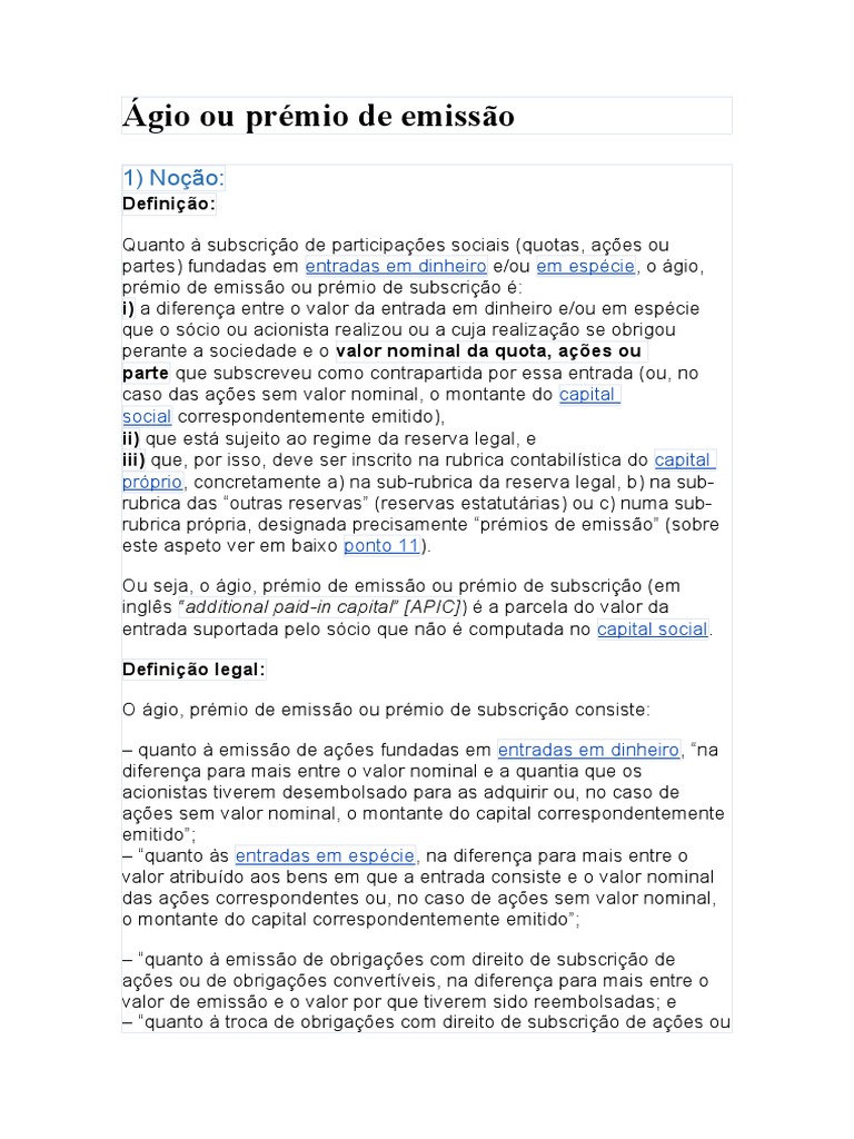 Ágio e Prêmio de Emissão de Ações | PDF | Capital próprio (finanças ...