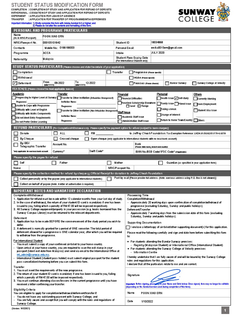 SCKL Student Status Modification Form | PDF | Cheque | Payments