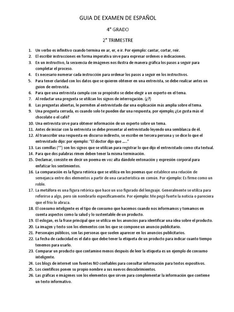Guia de Examen de Español 2 Trim PDF