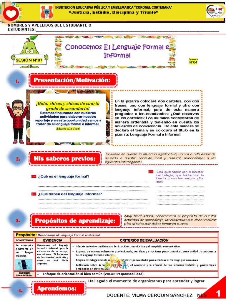 Fichas De Trabajo De Lenguaje Formal E Informal Guía Santillana.