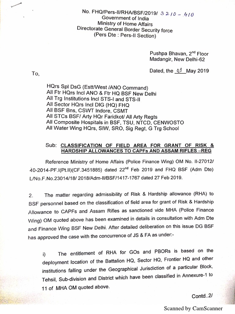 Classification of Field Area For Grant of RHA - BSF Order | PDF