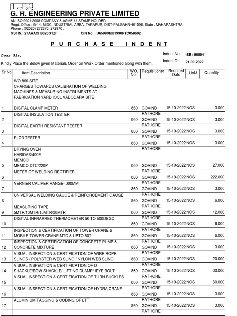 Machine & Instruments Calibration PR PDF Manufactured Goods Equipment