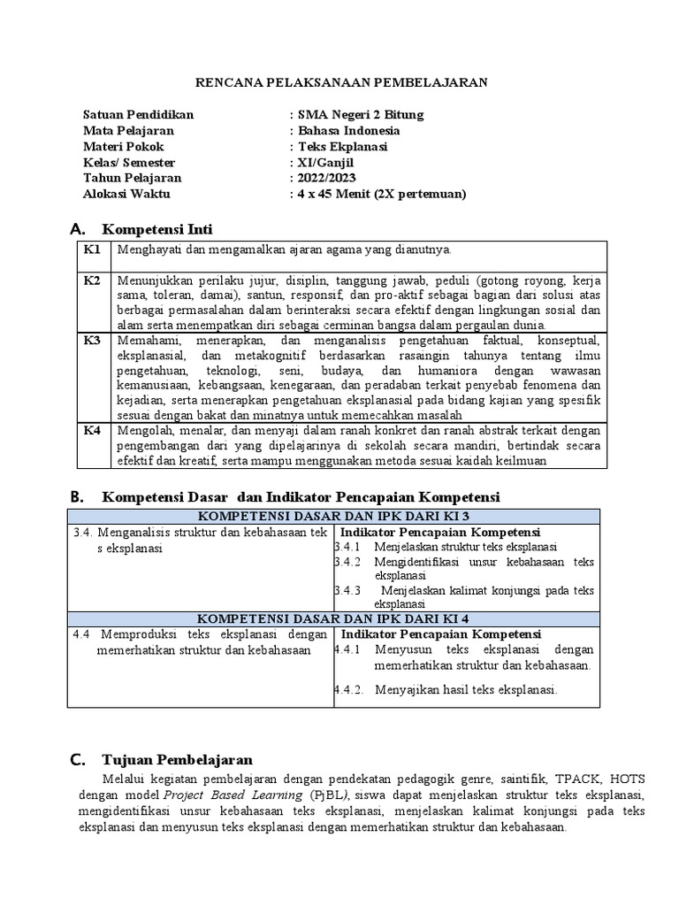 RPP Teks Eksplanasi untuk SMA | PDF