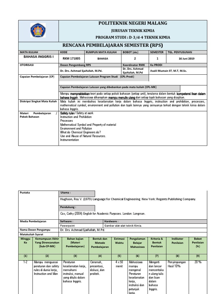 RPS Bahasa Inggris untuk Teknik Kimia | PDF