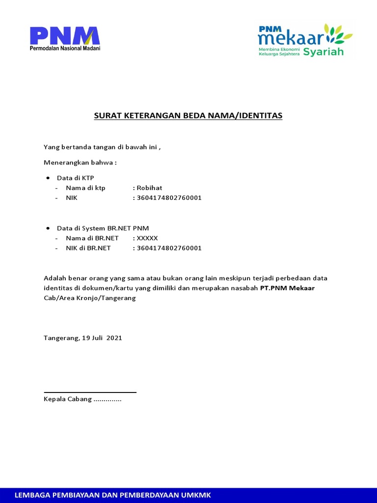 Surat Keterangan Beda Nama PNM Mekaar | PDF
