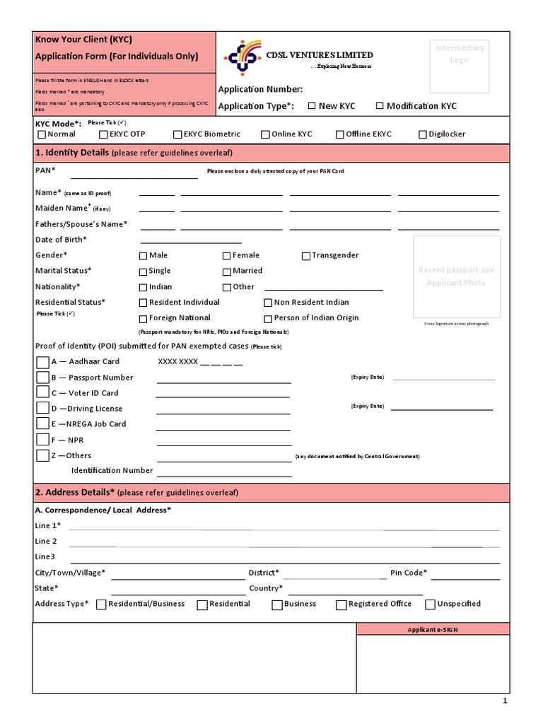 New CVL KRA Individual Form PDF Identity Document Applications Of