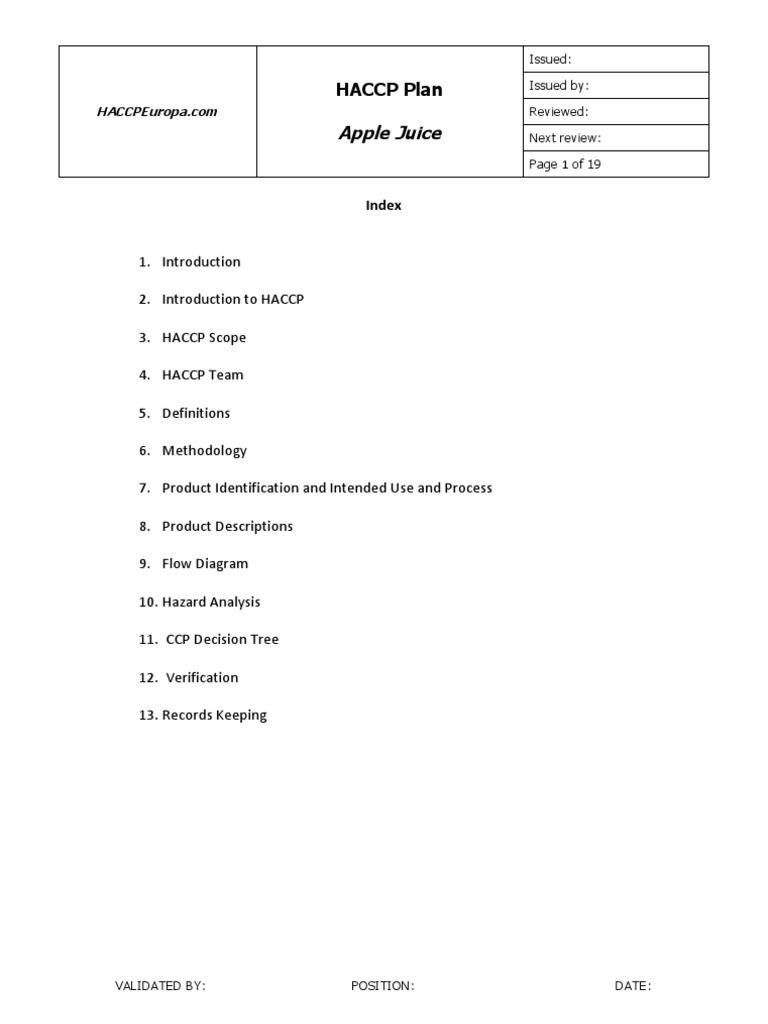 HACCP Plan Apple Juice Hazard Analysis And Critical Control Points