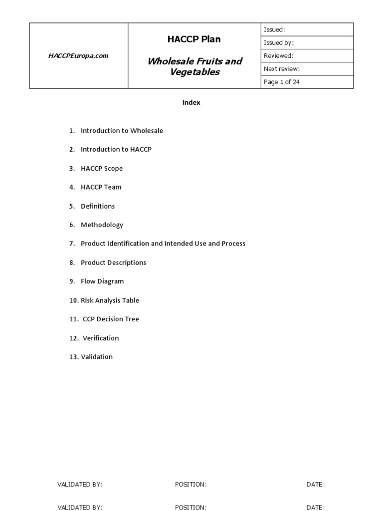 HACCP Plan Wholesale Fruits and Vegetables Hazard Analysis And