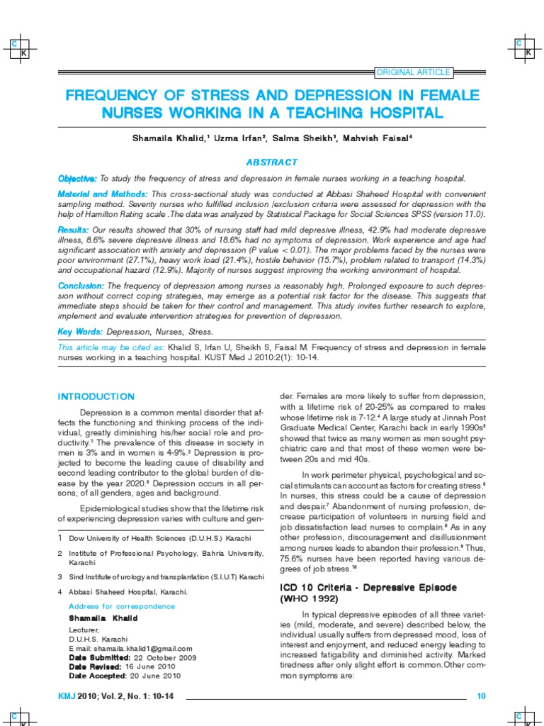 Stress and Depression in Female Nurses | PDF | Major Depressive ...
