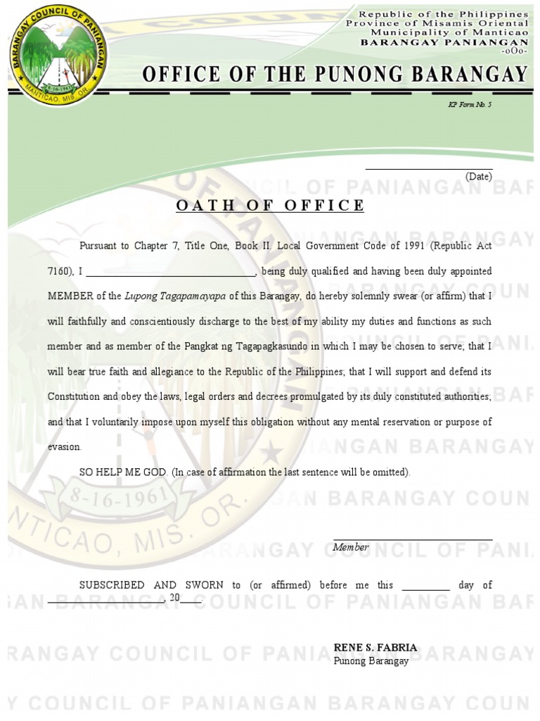 Oath of Office for Barangay Officials | PDF