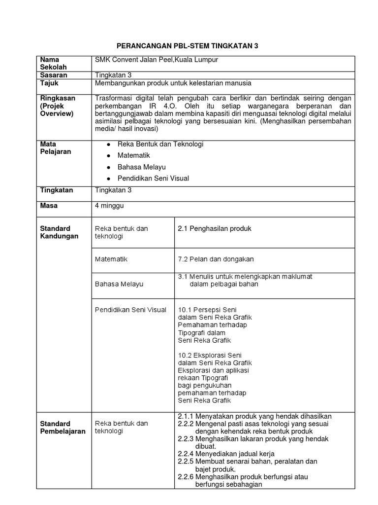 Perancangan PBL Stem Bersepadu SMK Convent Jalan Peel, Kuala Lumpur | PDF