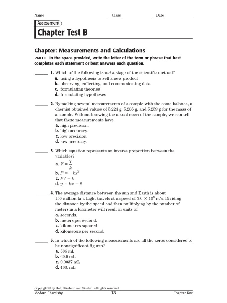 Chapter Test B Chapter Measurements and Calculations Compress | PDF ...