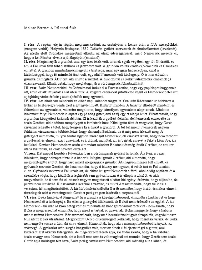 A Pál Utcai Fiúk Összefoglaló | PDF