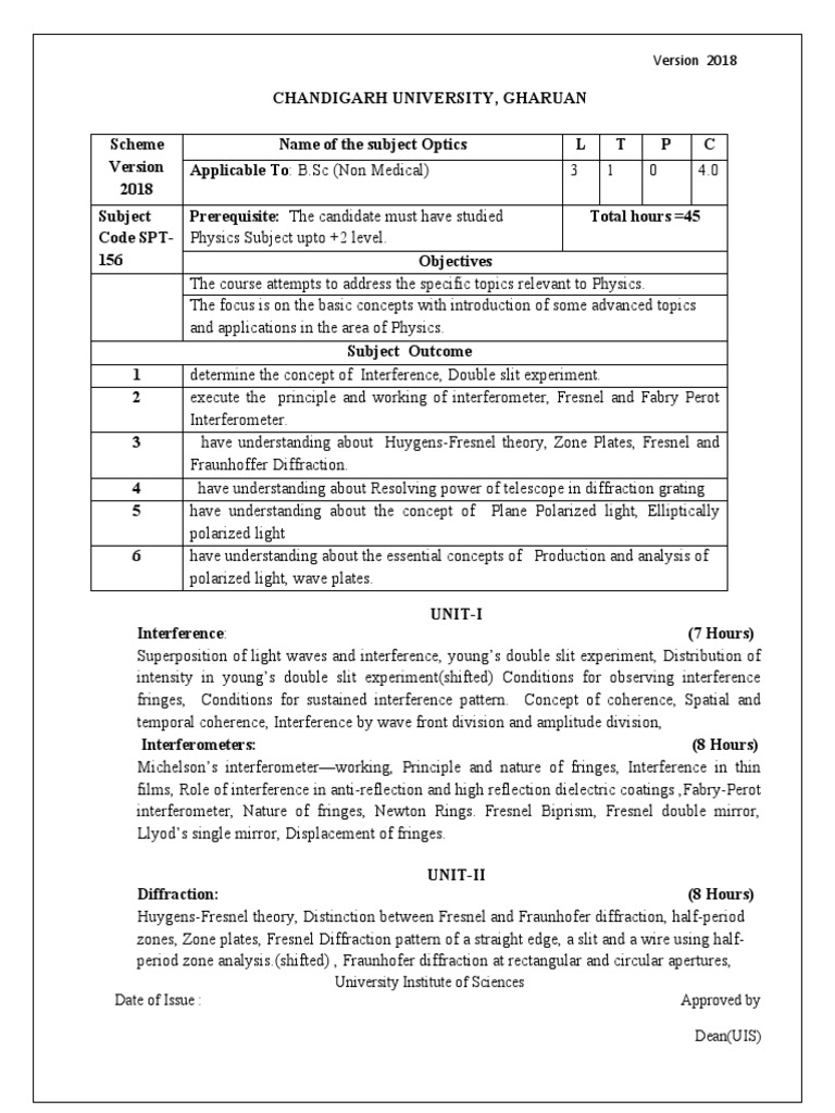Optics Syllabus PDF Interferometry Diffraction