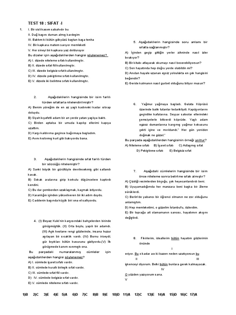 Test 18 - Sıfat I | PDF