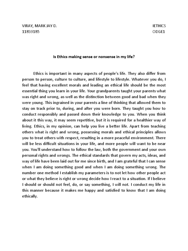 Activity 2 - Personal Essay On Ethics in My Life | PDF