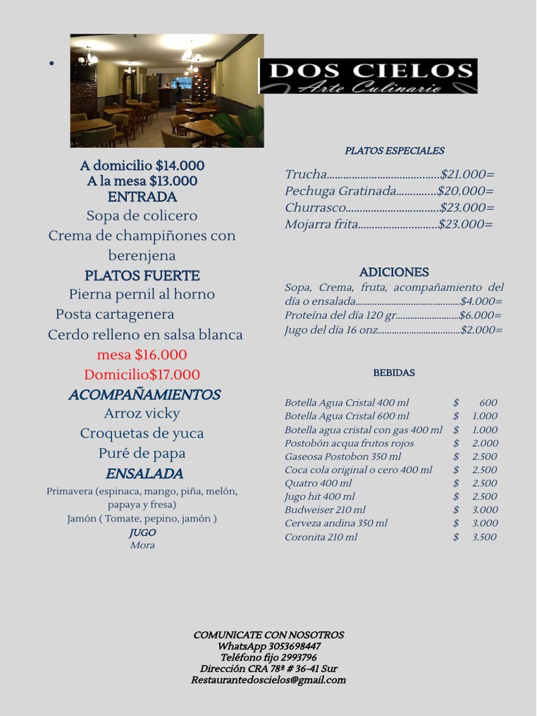 Menú del Restaurante Dos Cielos | PDF | Cocina norteamericana ...