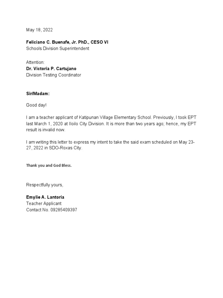EPT Intent Letter PDF