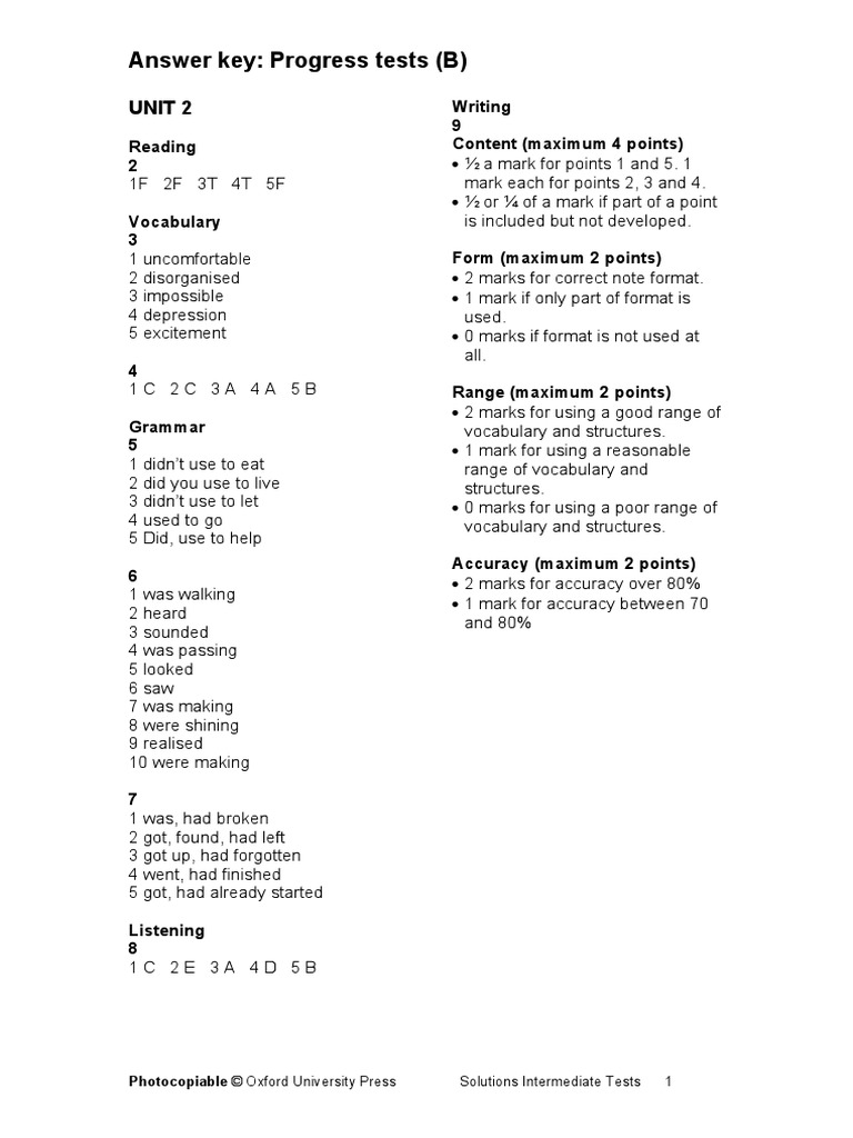 Unit 2 Progress Test Answer Key | PDF