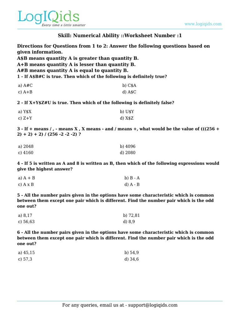 LOGIQIDS ASSESSMENT Worksheet PDF Numbers Mathematics