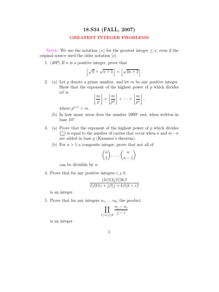 18.S34 (FALL, 2007) : Greatest Integer Problems | PDF | Teaching ...