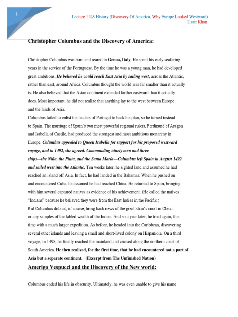 Uzair US History Lecture Columbus JWT PDF Christopher Columbus Voyages Of Christopher Columbus