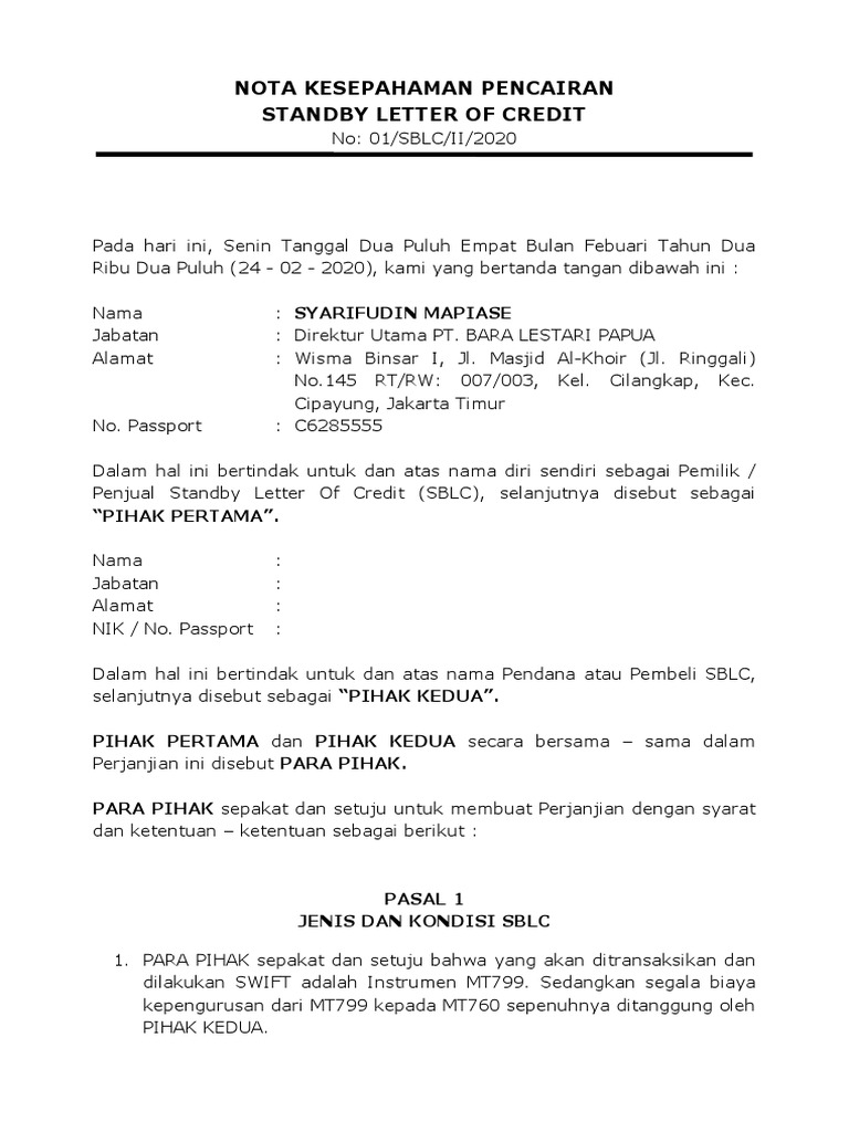 Perjanjian Pencairan SBLC 2020 | PDF | Bisnis | Pengelolaan Keuangan & Uang