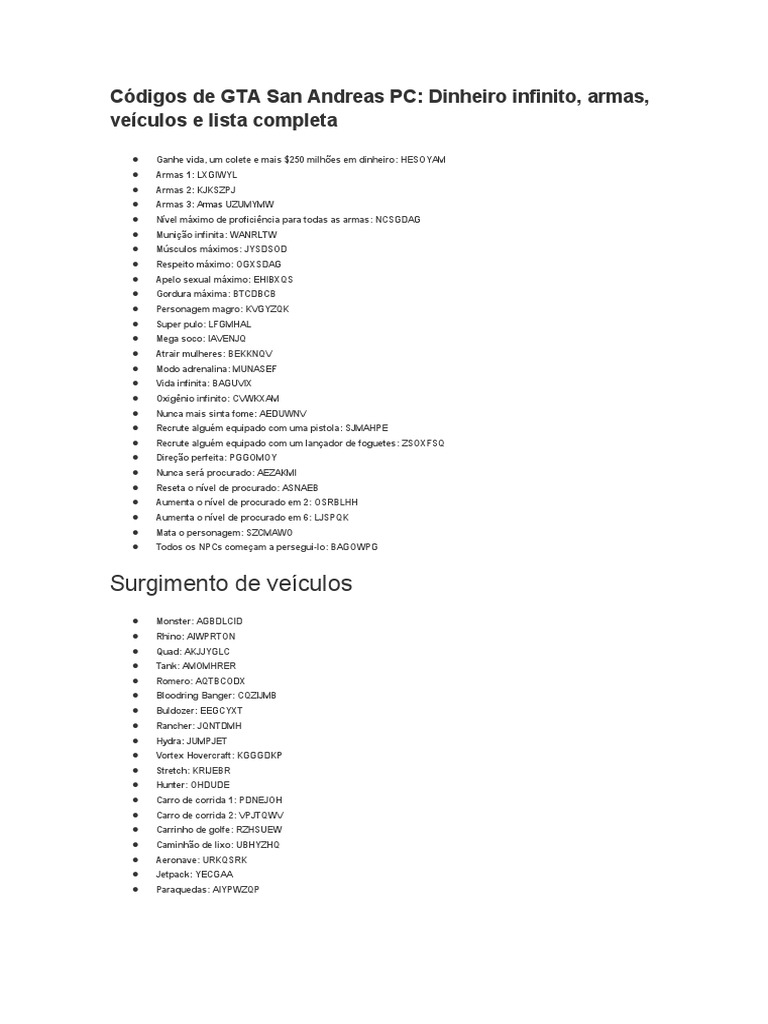 GTA San Andreas - Códigos - Dinheiro Ilimitado, Armas, Veículos