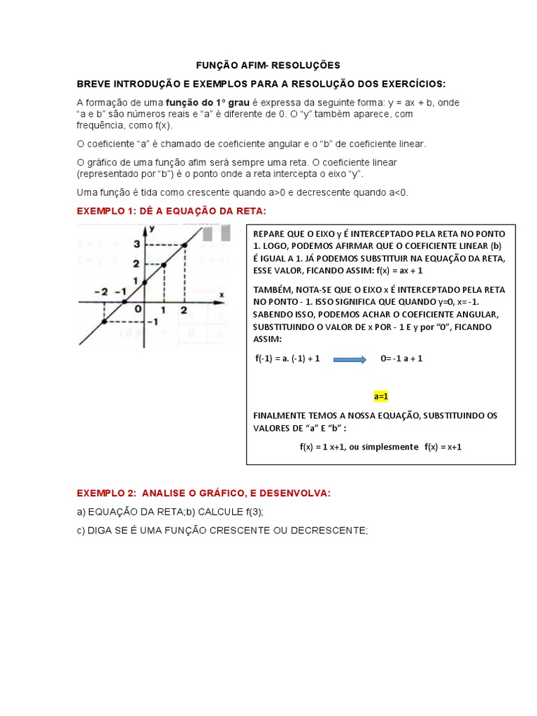 Função Afim Exemplos de Resoluções | PDF | Equações | Matemática elementar