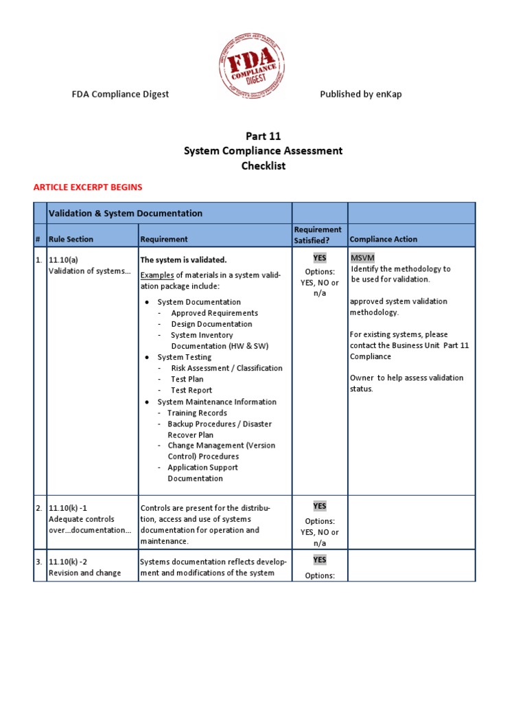 Part 11 system compliance assessment checklist fda compliance digest