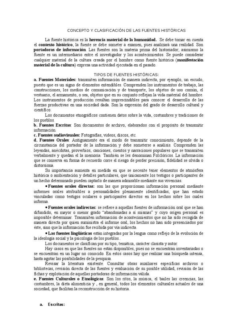 CONCEPTO Y CLASIFICACIÓN DE LAS FUENTES HISTÓRICAS