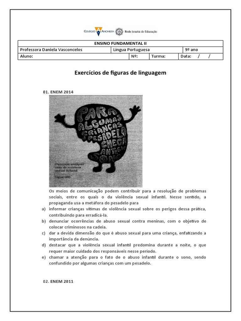 Exercícios de Figuras de Linguagem Com Gabarito | PDF | Metáfora ...