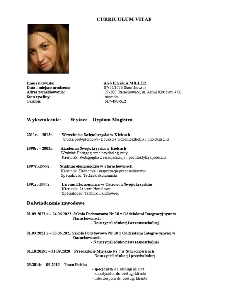 Curriculum_vitae_agnieszka_miller Szkoła Sp10 (2) | PDF