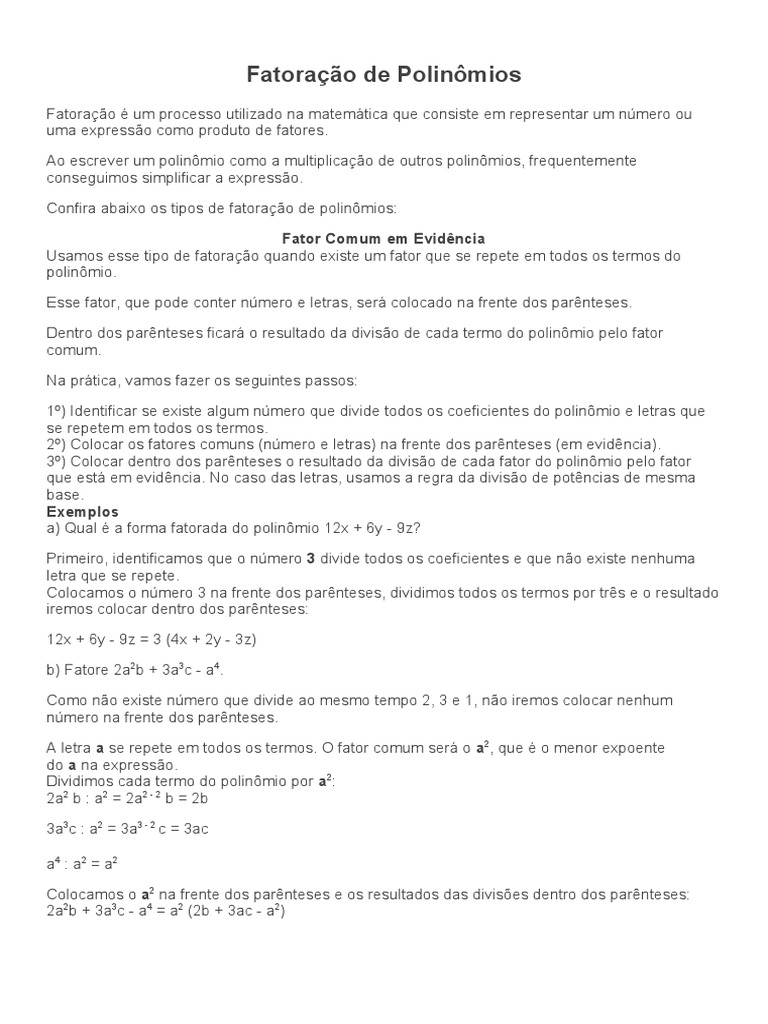 Fatoração de Polinômios: Tipos e Exemplos | PDF | Números | Conceitos ...