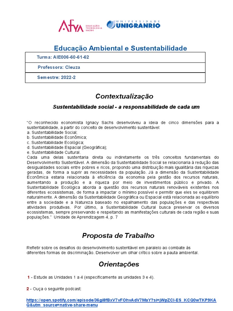 Educação Ambiental e Sustentabilidade - AP1 - 2022-2 | PDF ...