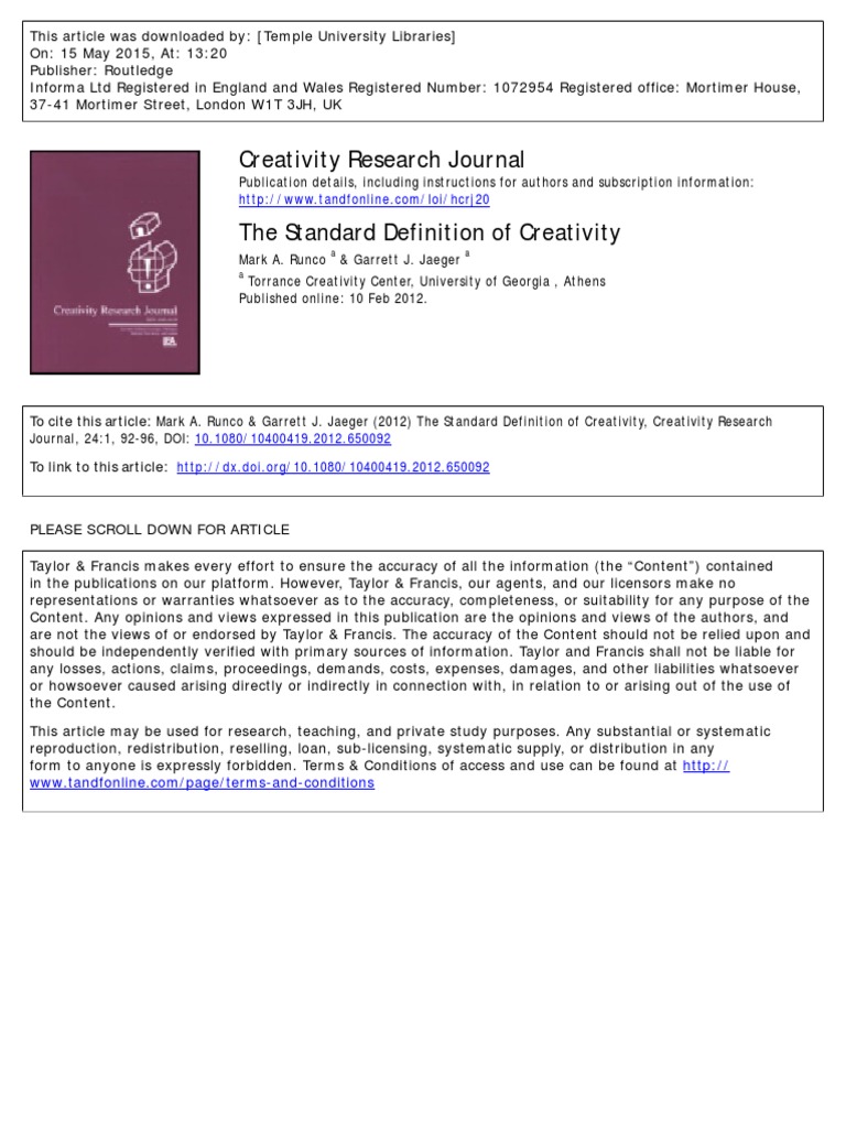 The Standard Definition of Creativity PDF Creativity Thought