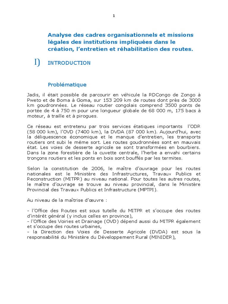 Cadres institutionnels des routes en RDC | PDF | Zone urbaine | Gouvernance